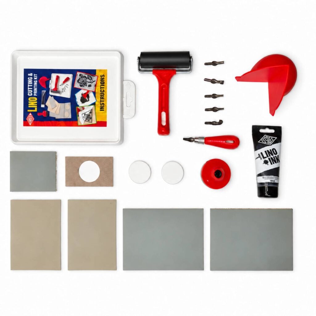 The full contents of Essdee Lino Cutting & Printing Kit (23 Pieces)