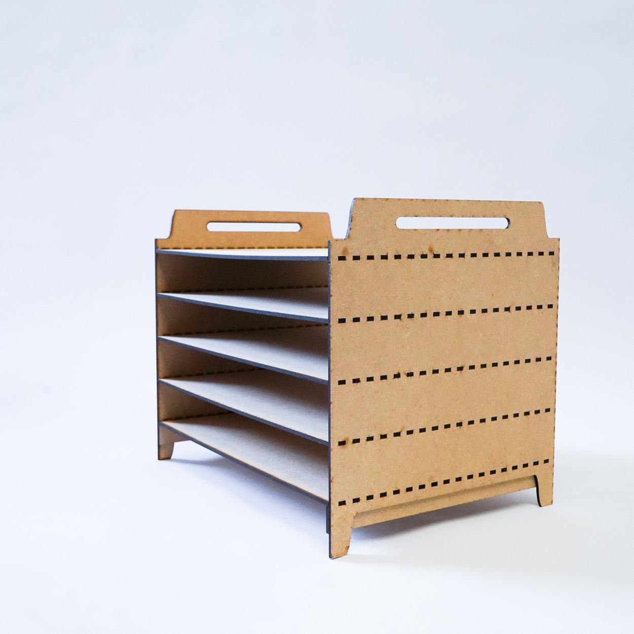 Side view of a five-shelf MEDITE MDF print drying rack