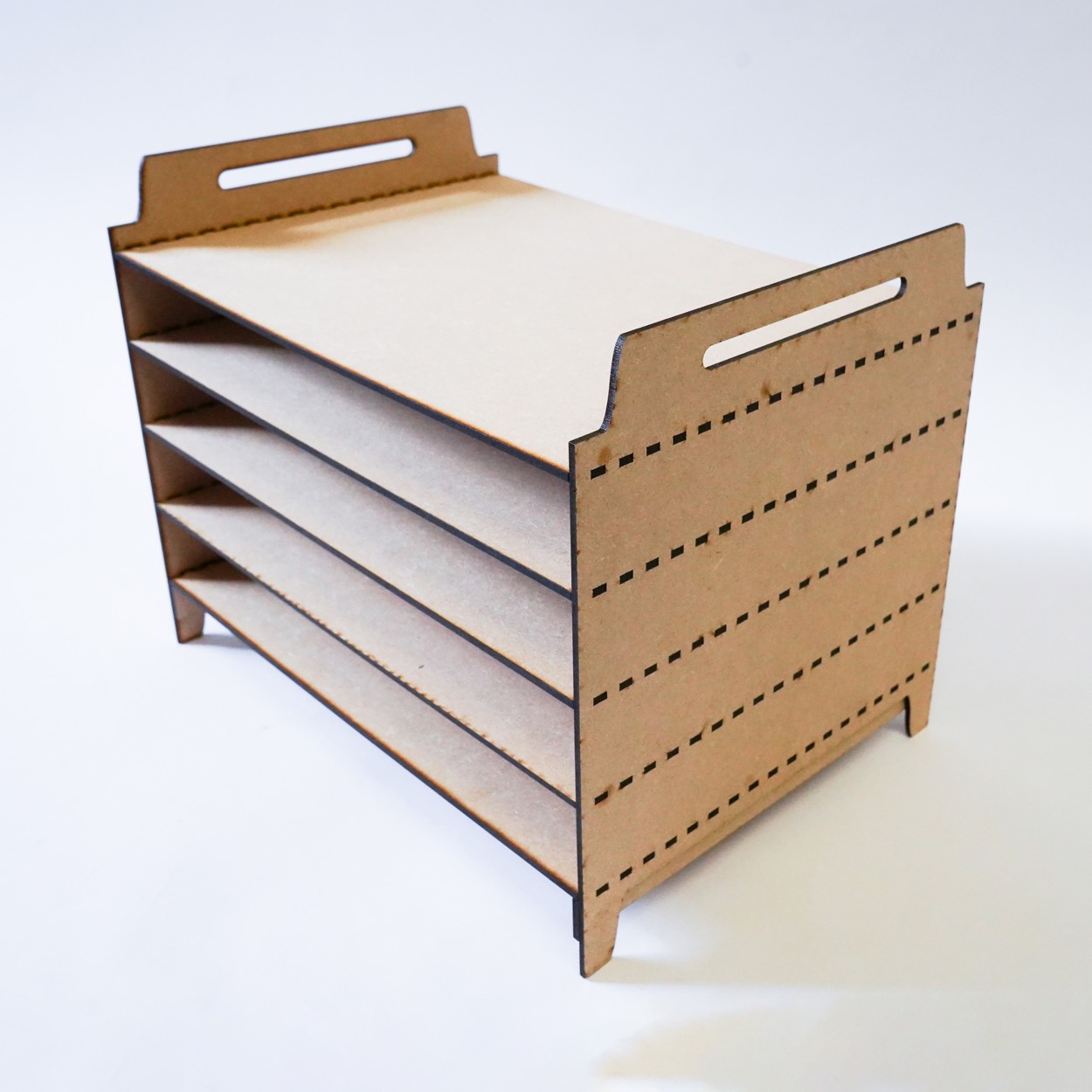 Top and side view of the five-shelf MDF drying rack