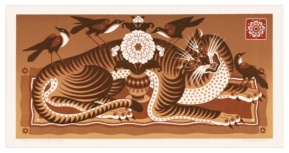 Emīls Salmiņš’s Love of the tiger linocut in warm brown, ochre and cream, showing a reclining tiger surrounded by birds and a vase of flowers.