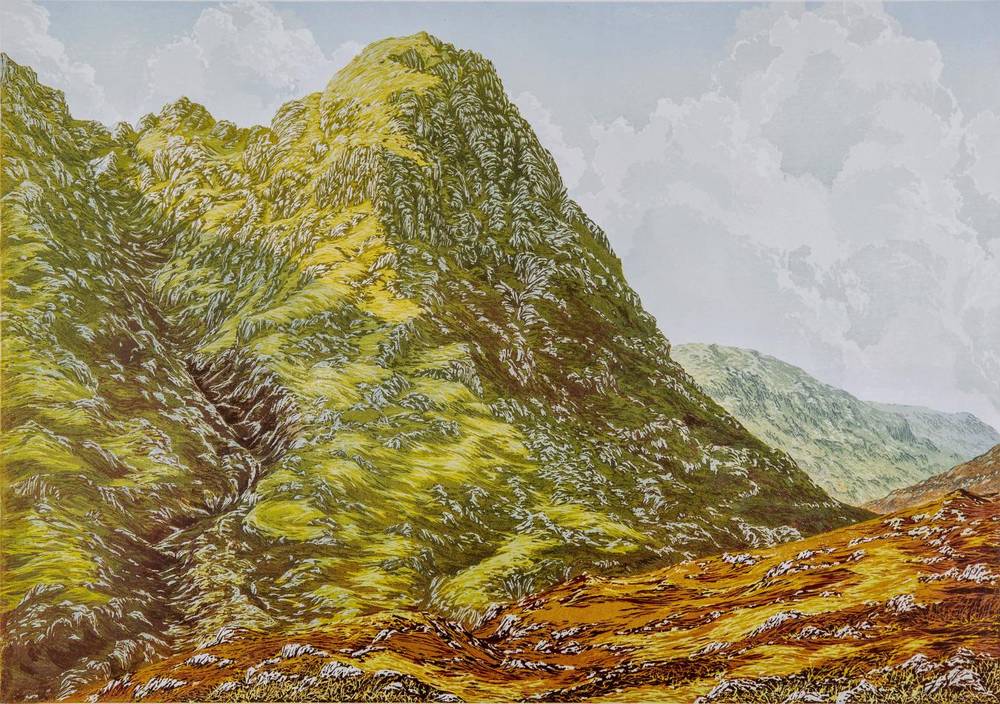 Green and ochre mountain slopes beneath a pale cloudy sky in Laura Boswell’s Glen Coe, October Light linocut.