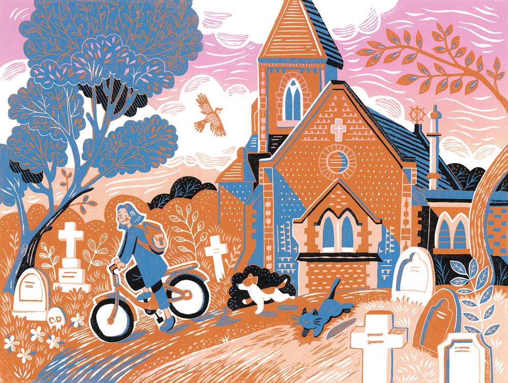 Meeting At The Chapel reduction linocut by Marisa Straccia, showing a cyclist and two cats beside a chapel and gravestones in pink, orange, blue and black.