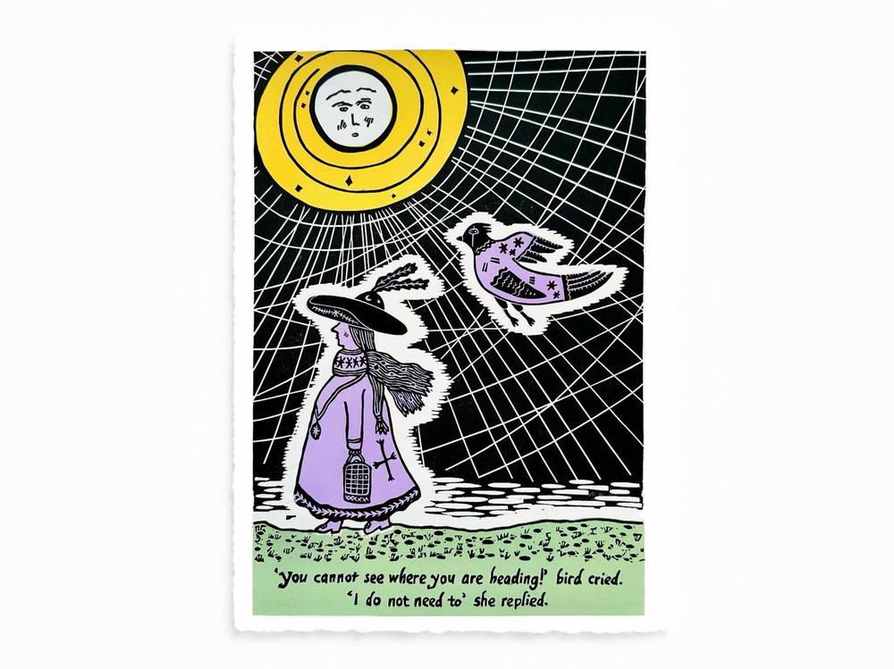A purple-cloaked witch walks beneath a yellow moon as a bird flies beside her in the linocut Faith.