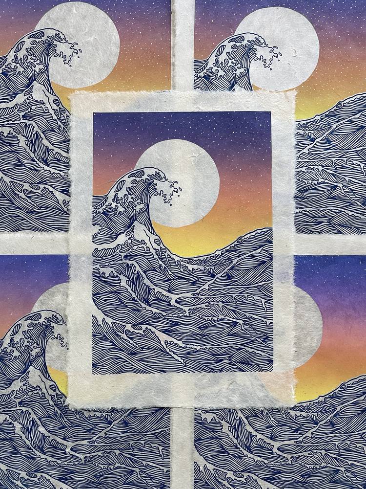 The Golden Hour linocut prints by Rosie Lavis, showing a curling dark-blue wave against a yellow-to-purple sunset sky and a pale circular sun.